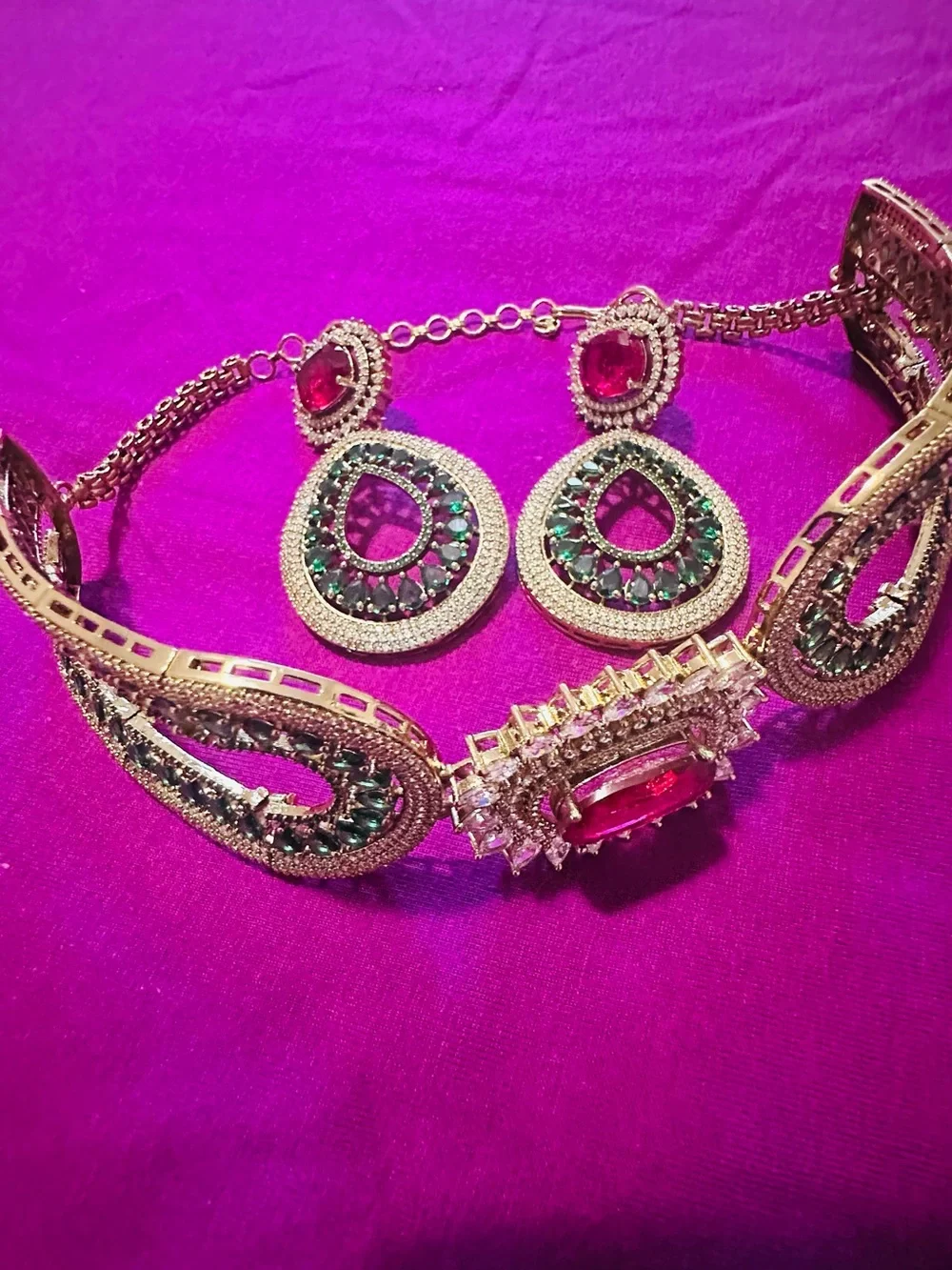 Gold-Tone Statement Necklace with Pink and Green doublet and Moissanite stones